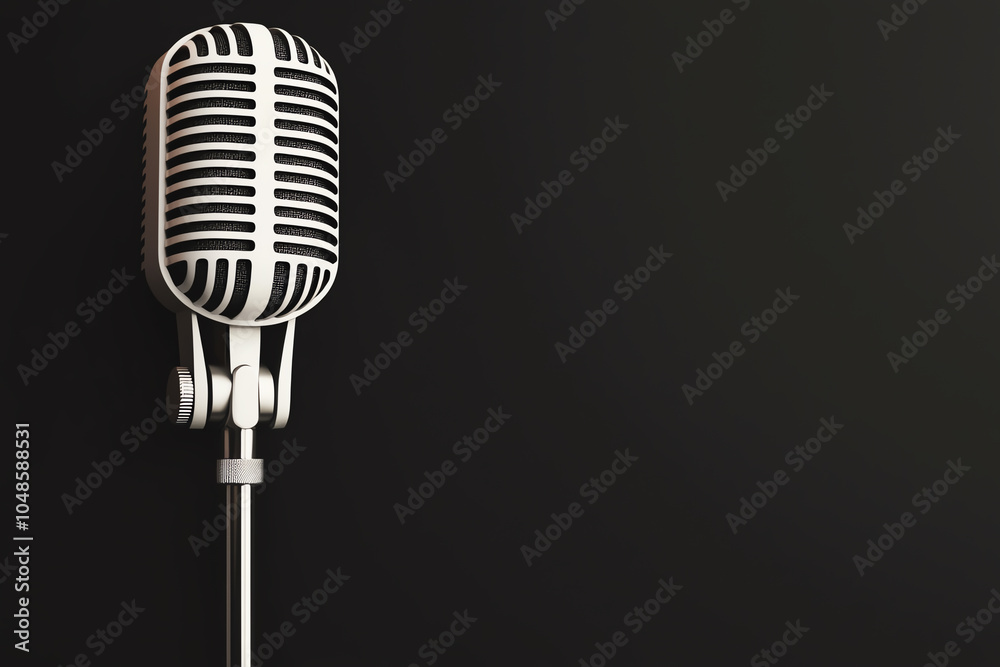 Fototapeta premium Vintage microphone with soft spotlight, black studio background, retro vibes