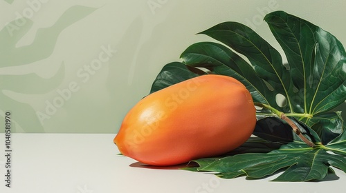 A Single Orange Fruit Resting on a Green Monstera Leaf