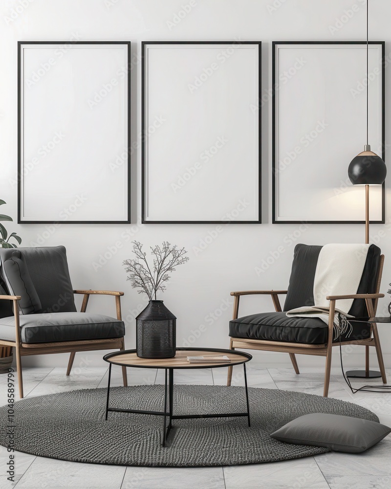 Fototapeta premium 「モダンなミニマルリビングルームのインテリア。アームチェア2脚、コーヒーテーブル、壁に飾られた3つの空の額縁。アートやデザインの展示に最適」