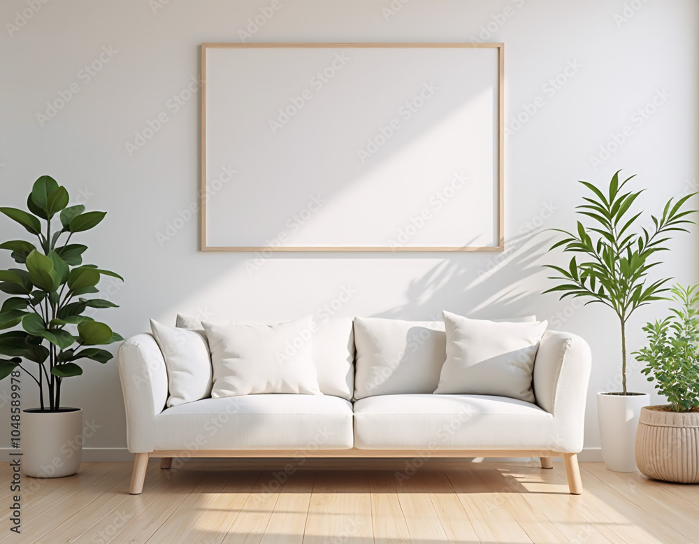 Fototapeta premium Minimalist Living Room with Blank Frame and Cozy Sofa in Sunlit Space
