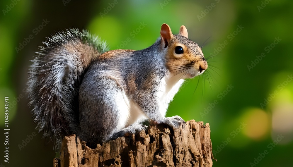 Obraz premium Curious Eastern Gray Squirrel Perched on a Tree Stump