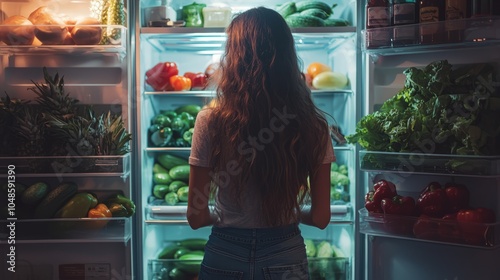 Woman Looking at Fresh Food in Refrigerator