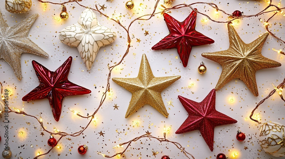 Fototapeta premium Colorful Christmas Stars with Twinkling Lights