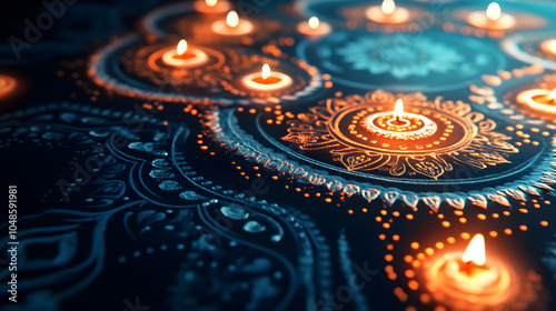 Close up of detailed rangoli patterns illuminated by flickering candles, creating warm and inviting atmosphere. intricate designs enhance festive spirit photo