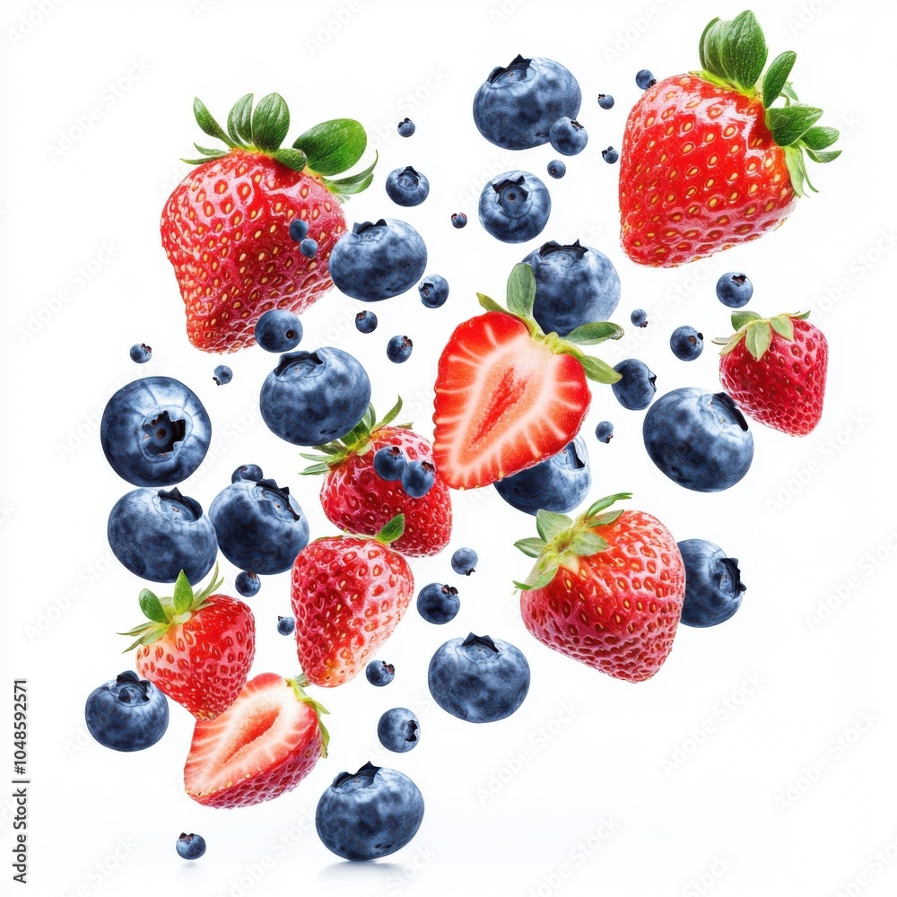 Fruit explosion with strawberries and blueberries, flying in the air on a white background, isolated. Isolated elements for your design or artwork. Fruit explosion with strawberries and blueberries, flying in the air on a white background, isolated. Isolated elements for your design or artwork.