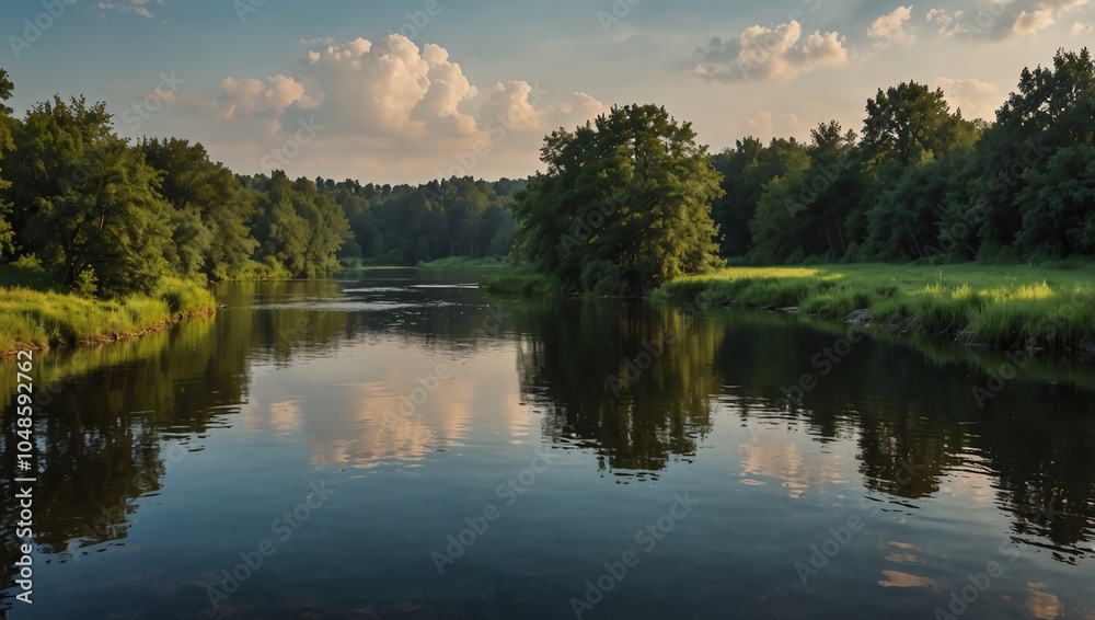 Fototapeta premium reflection of trees in water , A calm river with reflections of clouds and trees. Green trees line the banks.