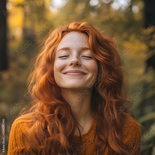 Portrait of a red-haired happy woman in the forest on a beautiful autumn day