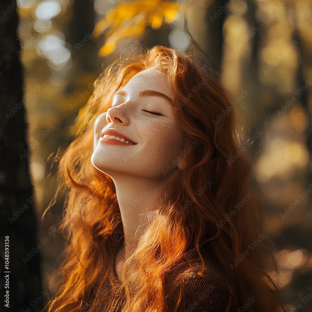 Portrait of a red-haired happy woman in the forest on a beautiful autumn day Portrait of a red-haired happy woman in the forest on a beautiful autumn day