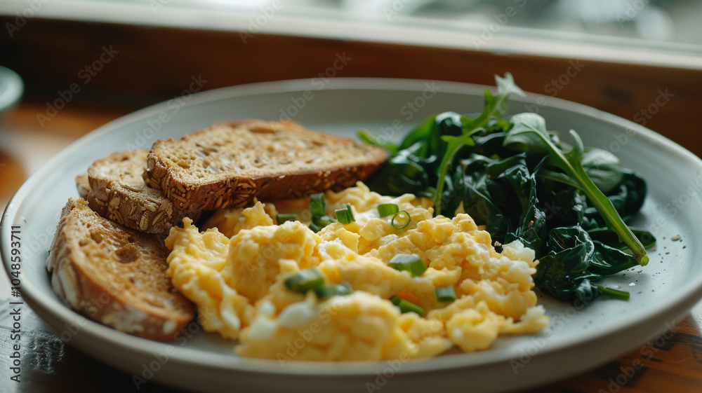 Fluffy scrambled eggs with sautéed spinach and a side of whole grain toast Fluffy scrambled eggs with sautéed spinach and a side of whole grain toast