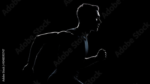 Silhouette of a running athlete, black studio background, powerful and energetic