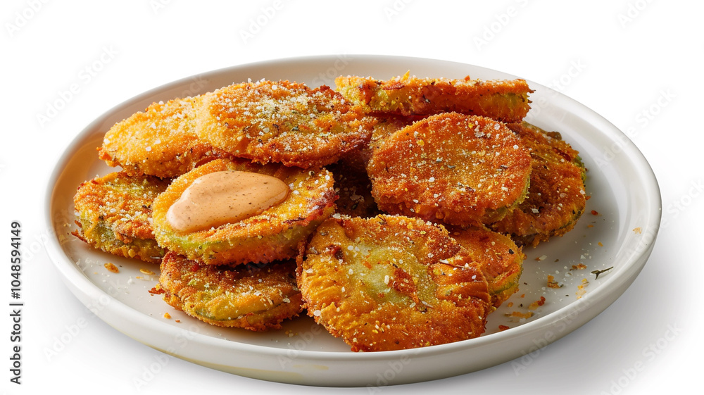 A plate of crispy fried green tomatoes served with remoulade sauce for dipping A plate of crispy fried green tomatoes served with remoulade sauce for dipping