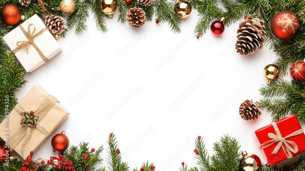 Festive Holiday Frame with Gifts and Decorations Festive Holiday Frame with Gifts and Decorations