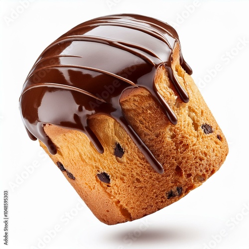 levitating panettone with hard chocolate coating, isolated on white background