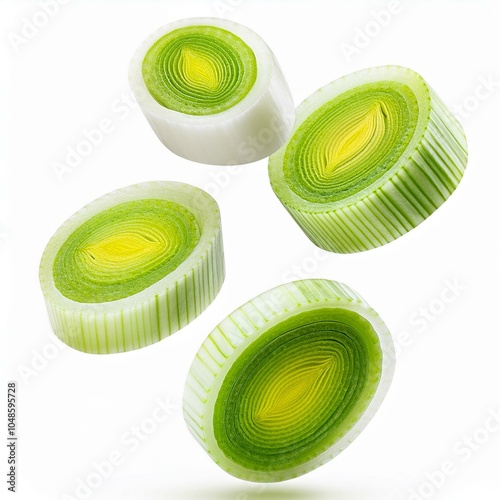 levitating chopped leek, isolated on white background