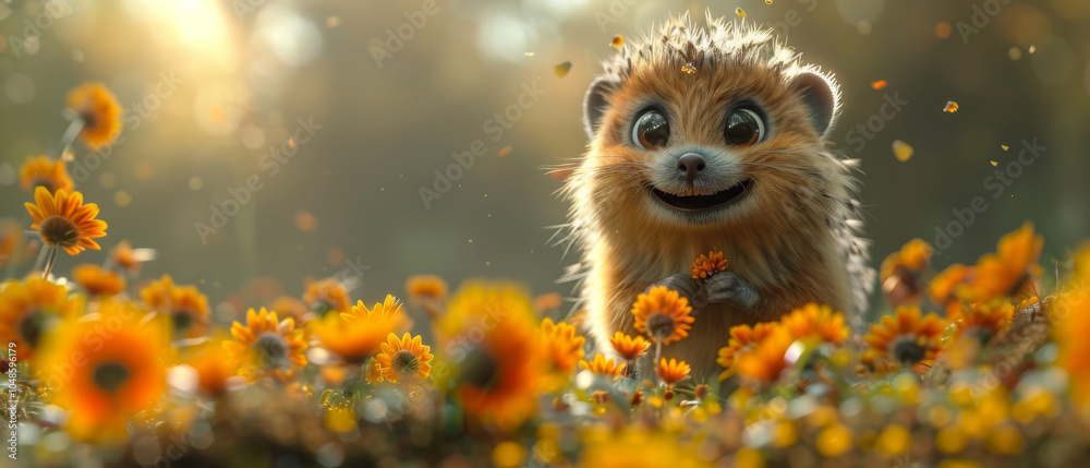 Cartoon hedgehog standing in field of yellow flowers at sunset