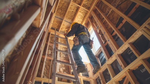 Wallpaper Mural A worker climbs a ladder to reach the highest points of the home diligently adding insulation to every nook and cranny for optimal energy efficiency. Torontodigital.ca