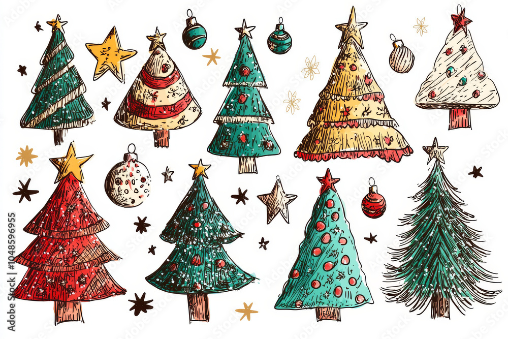 A collection of hand-drawn Christmas trees in various styles, decorated with ornaments and stars, celebrating the festive season. A collection of hand-drawn Christmas trees in various styles, decorated with ornaments and stars, celebrating the festive season.