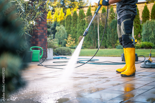 Person in Yellow Boots Pressure Washing a Patio Surrounded by a Lush Garden on a Sunny Day