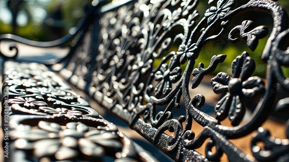 A close-up of a weathered cast iron bench, its surface intricately adorned with a floral design, showcasing the meticulous craftsmanship of the blacksmith