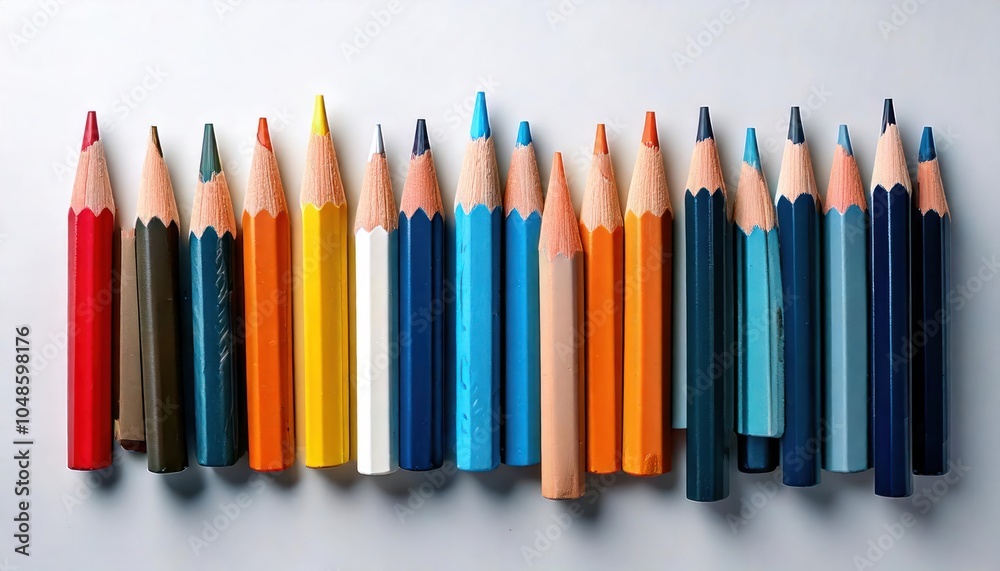 Fototapeta premium Vibrant Colored Pencils Arrangement on White Background - Creative Art Supplies Concept