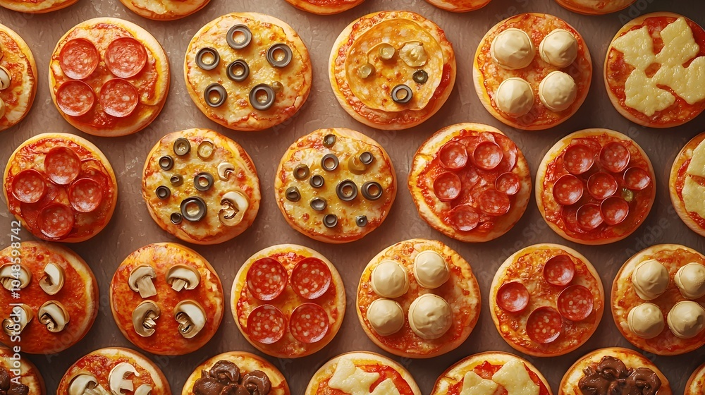 Detailed 3D Mini Pizzas in Circular Pattern with Various Toppings on Warm Toned Background Detailed 3D Mini Pizzas in Circular Pattern with Various Toppings on Warm Toned Background