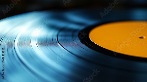 Close-up of a spinning vinyl record with a bright yellow label in a cozy room during evening hours