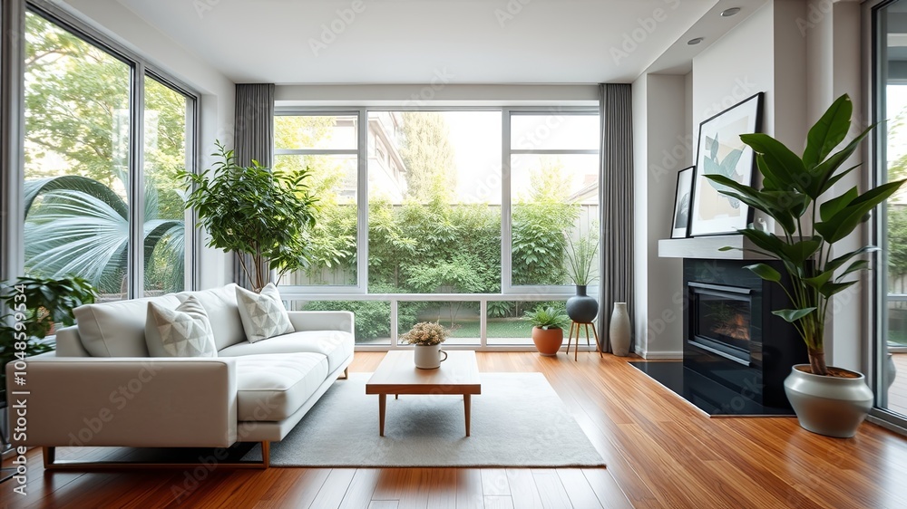 A Modern Living Room with a White Sofa, a Fireplace, and Large Windows Offering a View of Lush Greenery A Modern Living Room with a White Sofa, a Fireplace, and Large Windows Offering a View of Lush Greenery