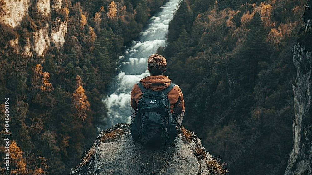 Obraz premium Adventure Seeker by the Riverbank in Autumn