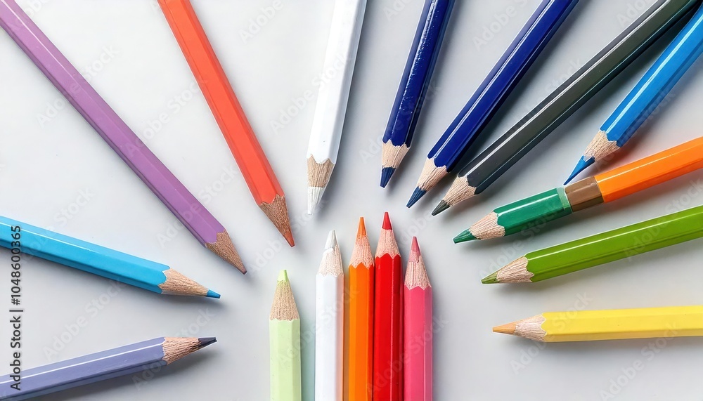 Fototapeta premium Vibrant Colored Pencils Arrangement on White Background - Creative Art Supplies Concept 