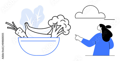 Bowl of vegetables including carrots, bananas, broccoli with a woman in blue pointing at a cloud in the sky. Ideal for healthy eating, nutrition, wellness, lifestyle, and food promotion. Modern