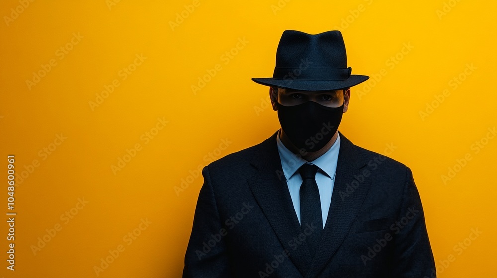 A mysterious figure in a black suit and hat stands against a vibrant yellow background A mysterious figure in a black suit and hat stands against a vibrant yellow background