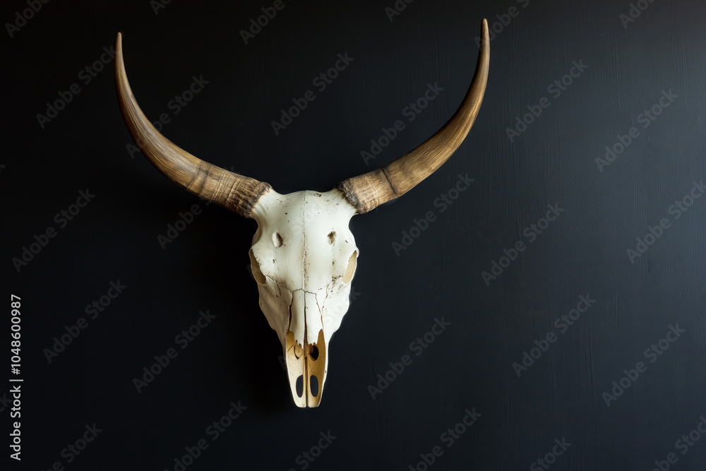 Fototapeta premium Bull skull with horns on black, copyspace