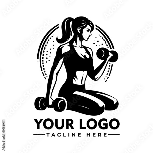 Woman lifting weights, smiling, strong, fit, healthy vector logo Woman lifting weights with a smile, strong and fit, representing health and fitness. Suitable for workout, gym, fitness concepts.