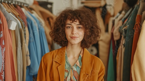 A woman explores a vibrant hand wardrobe at a circular fashion rental and swap event in an urban setting