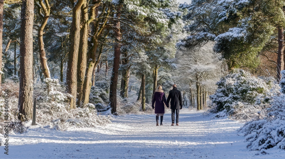 Couple Walking Hand-in-Hand Through a Snowy Forest Path Couple Walking Hand-in-Hand Through a Snowy Forest Path
