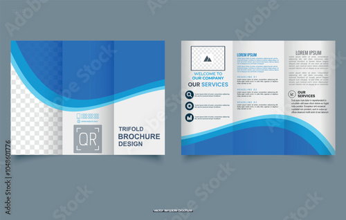 Blue wavy triptych brochure. Vector illustration. Smooth curve lines background trifold brochure template.