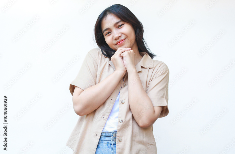 happy calm asian woman smiling confident wearing casual brown clothes isolated on white background happy calm asian woman smiling confident wearing casual brown clothes isolated on white background