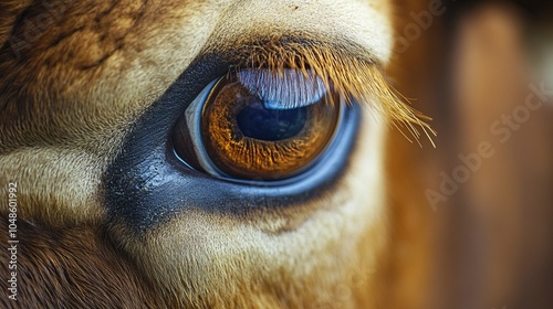 A close-up view captures the beauty of a cow's eye, revealing rich textures and warm, amber tones