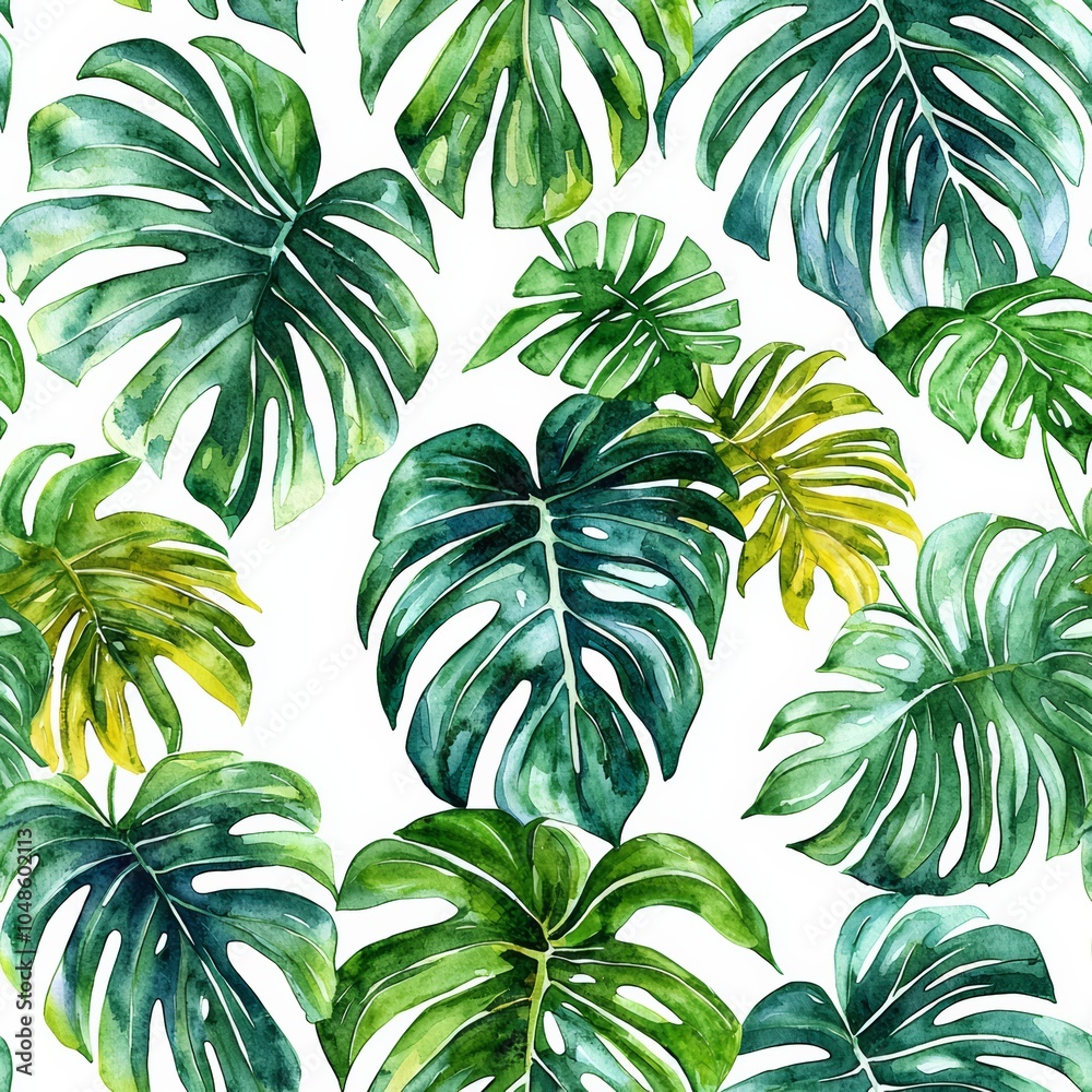 Seamless of Tropical Leaves Pattern with Monstera and Palm Greenery Seamless Background