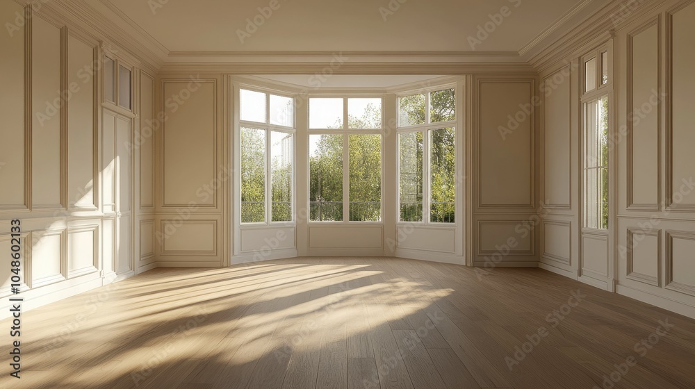 Fototapeta premium Bright and Airy Room with Large Windows and View