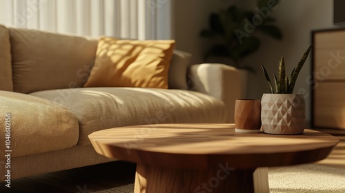 Warm and cozy living room interior with a beige sofa and pillow, wooden coffee table, and geometric small table