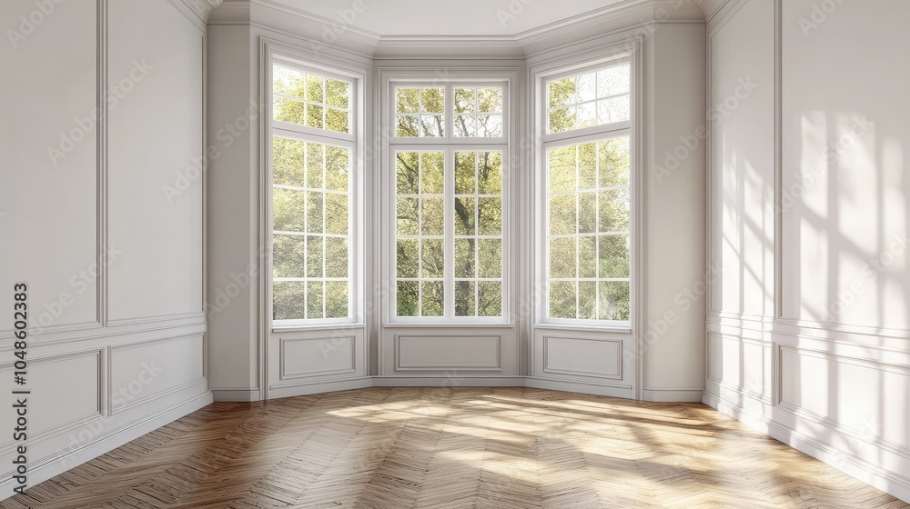 Fototapeta premium Bright Interior with Large Windows and Wooden Floor