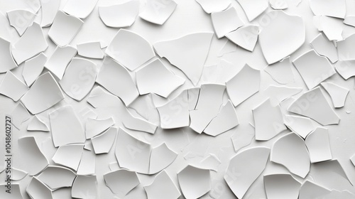 Abstract arrangement of broken white porcelain pieces on a light background