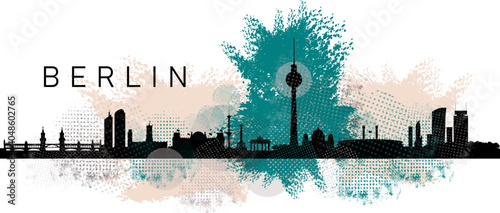 Künstlerische und moderne Silhouetten von Berlin - Bunte Szene der Metropole - Skyline mit abstrakten Mustern Texturen und Klecksen - Wachstum und Kreativität