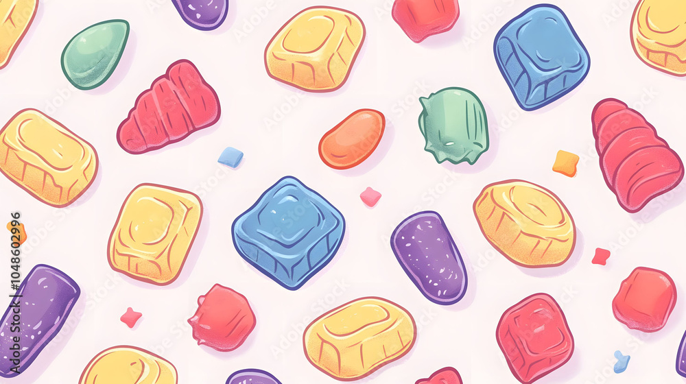 Colorful seamless candy pattern with hearts and love symbols, featuring gummy bears and sweet treats in red, yellow, and green, perfect for Valentine's Day Colorful seamless candy pattern with hearts and love symbols, featuring gummy bears and sweet treats in red, yellow, and green, perfect for Valentine's Day
