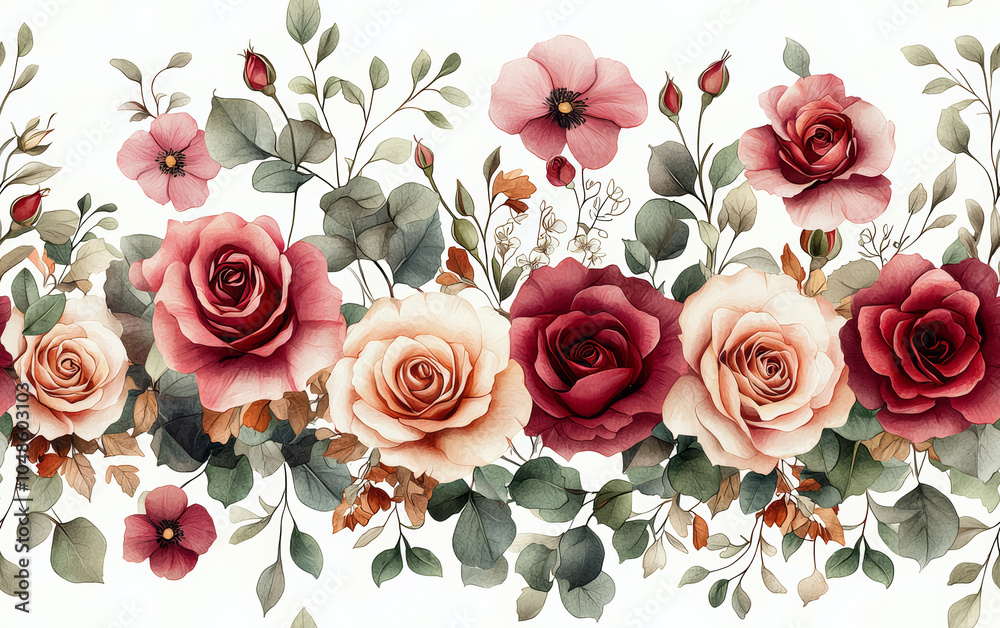 Seamless of Vibrant Floral Background with Romantic Roses and Lush Greenery Seamless of Vibrant Floral Background with Romantic Roses and Lush Greenery