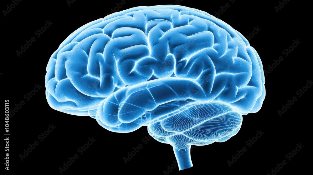 Medical x-ray image of a human brain, high-resolution and close-up, highlighting different brain regions in light blue.