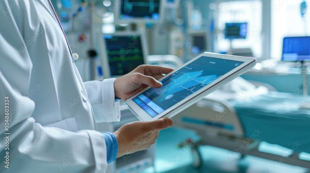 Doctor Examining Medical Data on a Tablet in a Hospital Room Doctor Examining Medical Data on a Tablet in a Hospital Room