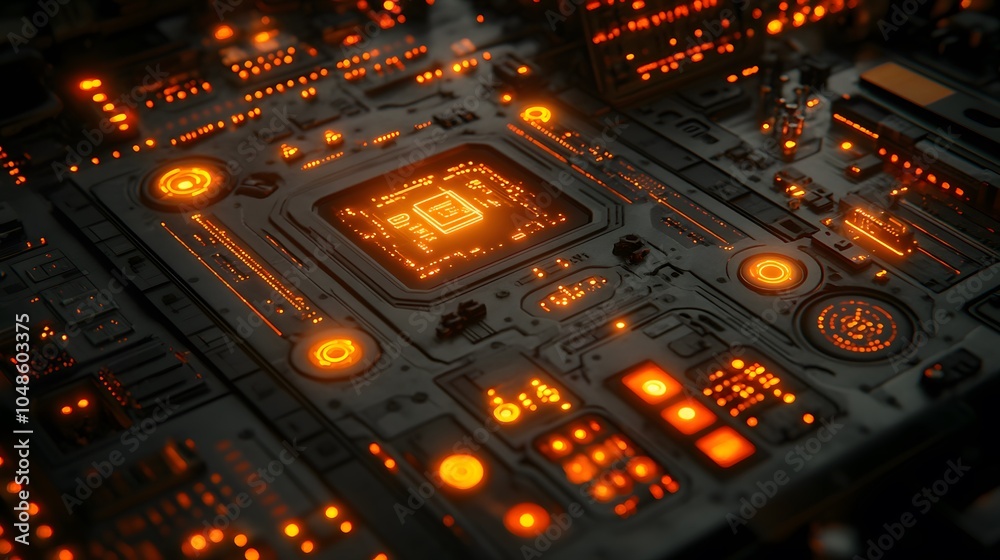 Fototapeta premium Intricate quantum computing circuits, vibrant data lights, futuristic particle motion, advanced tech visualization