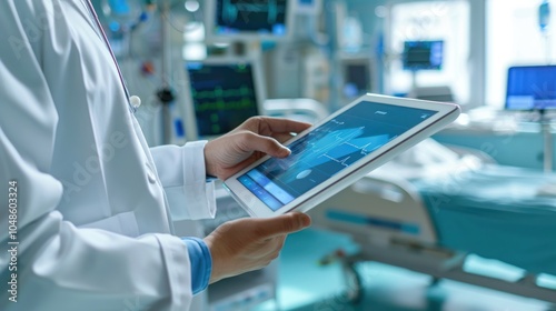 Doctor Examining Medical Data on a Tablet in a Hospital Room